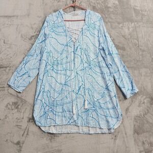 Charlie Holiday Swim Cover Up Womens XL Blue Tropical Leaf Lace Up Hooded Beach